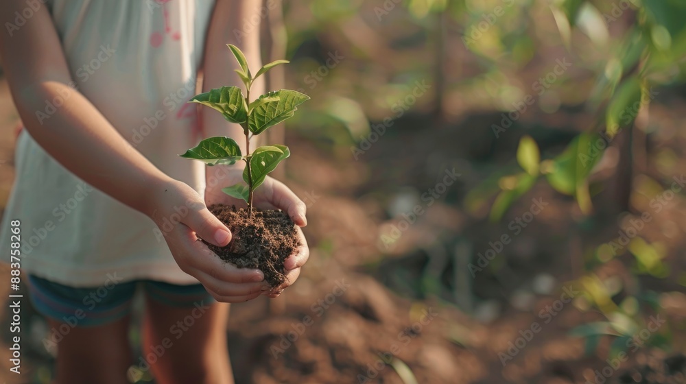 Poster a close-up of a girl's hands gently holding a small tree sapling, ready for planting in rich soil.