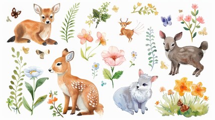 Naklejka premium Whimsical Watercolor Spring Scenes with Blooming Flowers, Lush Meadows, and Adorable Baby Animals