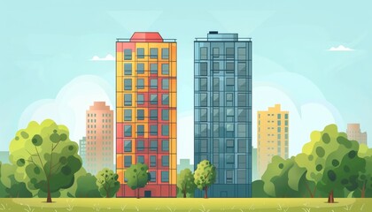 Vibrant Commercial Towers in Split-Complementary Color Scheme - Urban Architecture Cartoon Drawing with Flat Design Front View