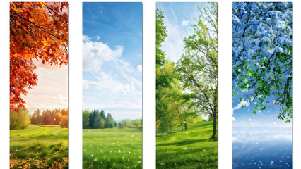 Four seasons of year. Set of vertical nature banners with winter, spring, summer and autumn scenes. Copy space for text