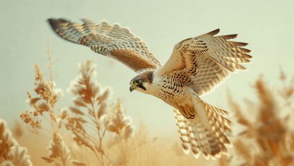 Obraz premium The Graceful Glide: A Majestic Falcon in Flight Over a Golden Prairie