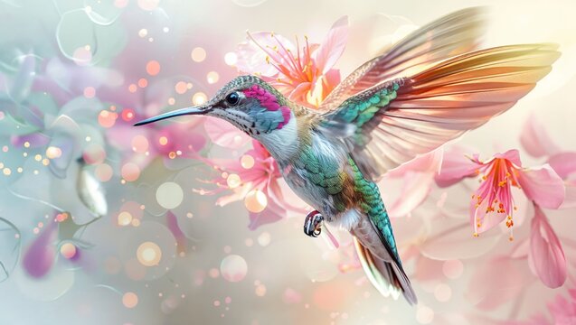 Enchanting Hummingbird in Flight Amidst Blossoming Flowers: A Vibrant Dance of Colors and Grace