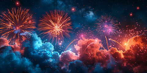 Fototapeta premium 夜空に輝く花火の背景イラスト