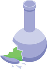 Isometric broken chemical flask leaking green toxic substance