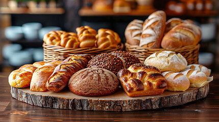 Rustic Bakery Delights - Assorted Freshly Baked Bread and Pastries on Wooden Board in Country Kitchen Ambiance
