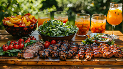 Summer Picnic Feast with Grilled Meats, Fresh Salads, and Refreshing Drinks on a Wooden Table