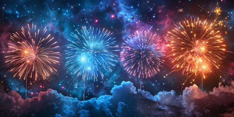 Fototapeta premium 夜空に輝く花火の背景イラスト