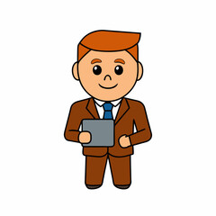 Businessman Cartoon Character Holding Tab PC on white background  