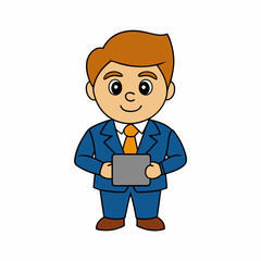 Businessman Cartoon Character Holding Tab PC on white background  