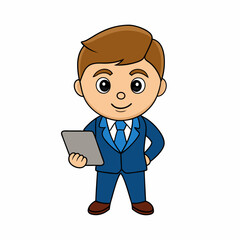 Businessman Cartoon Character Holding Tab PC on white background  