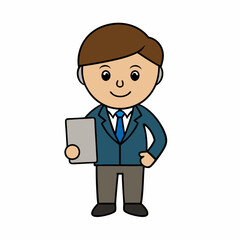 Businessman Cartoon Character Holding Tab PC on white background  
