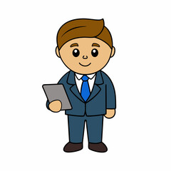 Businessman Cartoon Character Holding Tab PC on white background  