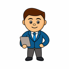 Businessman Cartoon Character Holding Tab PC on white background  