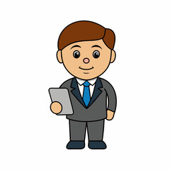 Businessman Cartoon Character Holding Tab PC on white background  