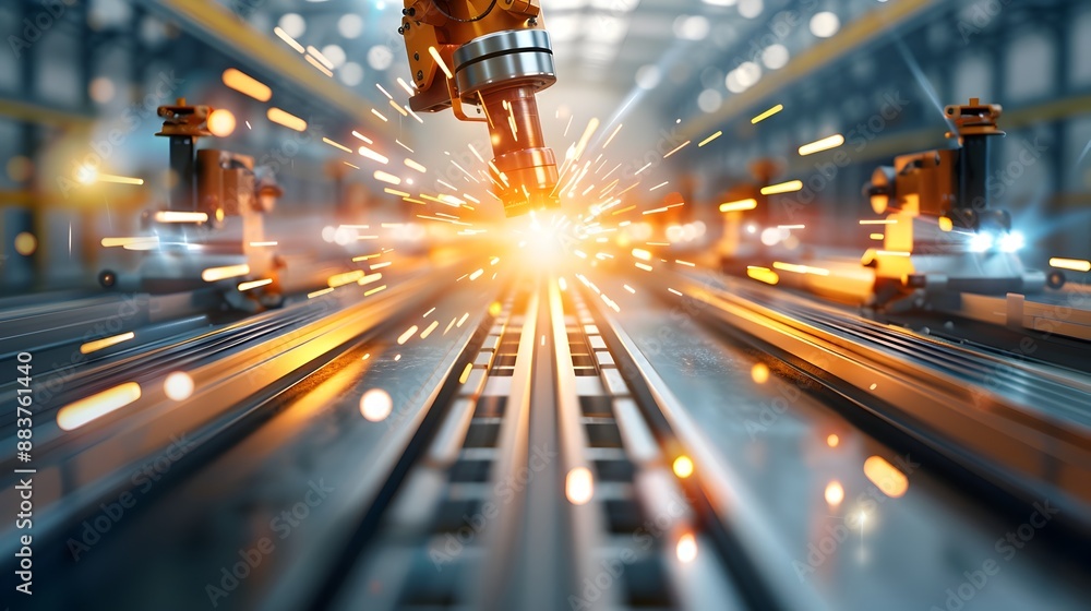 Poster automated machinery processing aluminum sheets in modern factory scene