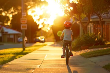 Child Riding Bike with Helmet in Residential Area