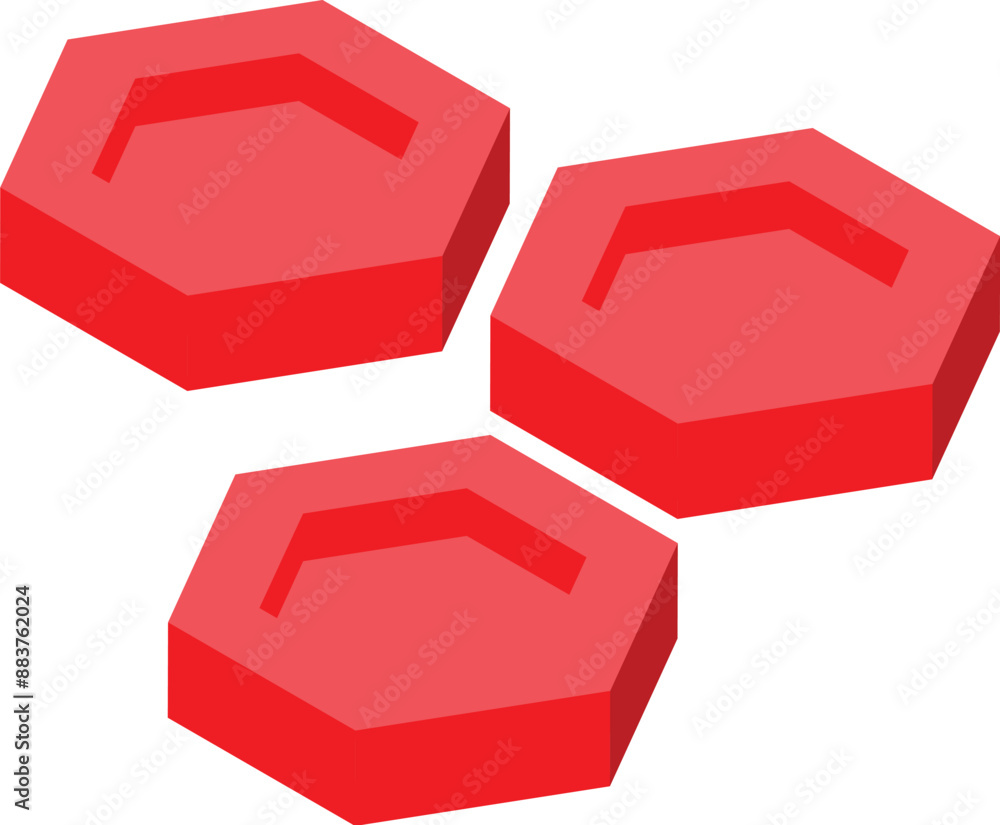 Poster three red hexagons are floating, creating an abstract composition on a white background