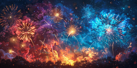 Fototapeta premium 夜空に輝く花火の背景イラスト