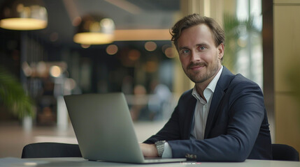 Portrait of a Successful Businessman at Desk Using Laptop  Smiling at Camera