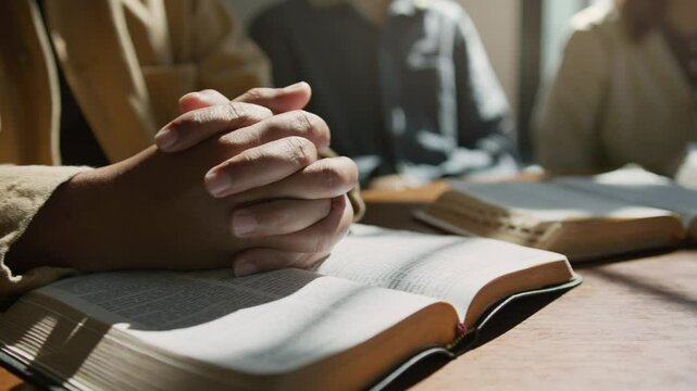 People read bible and pray worship to god in Christian community church on Sunday, faith and religion