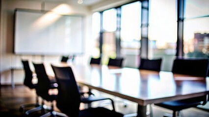 Meeting Room Blur: Blurred meeting room with a table, chairs, and whiteboard.
