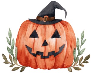 a Pumpkin with a witchs hat, watercolor clipart illustration, lsolated on white background