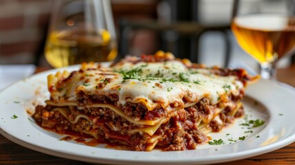 A serving of classic lasagna, with layers of rich meat sauce, creamy and melted cheese.