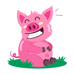 A laughing pig sitting on floor, flat cartoon sticker 

