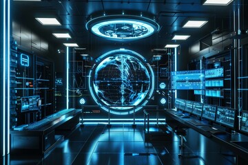 Futuristic Control Room with Global Data Visualization