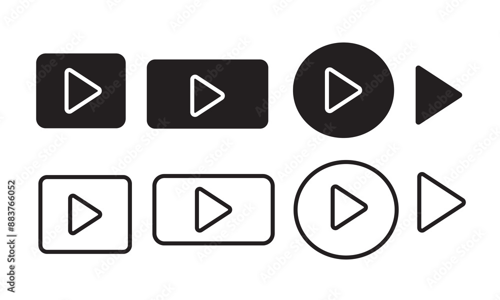 Poster black play button icon. isolated play button with four different variations. video and media play sy