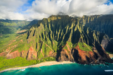 Aerial view of Na Pali coast and cliffs, Kauai, Hawaii