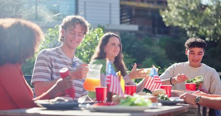 Garden, friends and food for independence day, celebration and national holiday in country. Outdoor, happy people and meal in backyard as American culture, patriotism and tradition with lunch in usa - Powered by Adobe