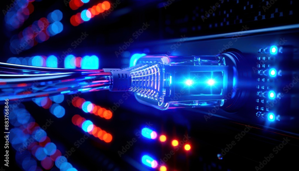 Poster highquality closeup of a network cable plugged into a server, highresolution, system components and 