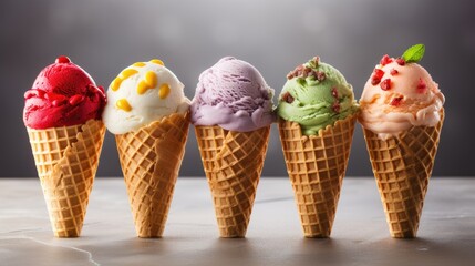 Array of different flavored ice creams in waffle cones