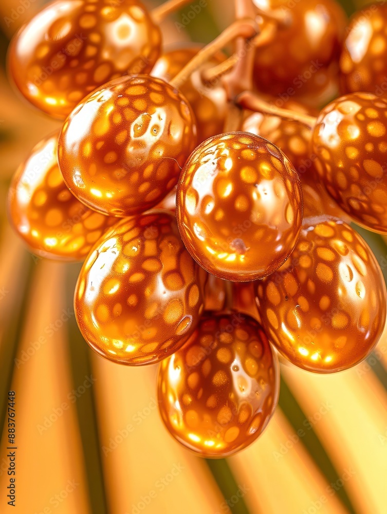 Poster highquality closeup of date clusters hanging from a palm tree, golden light enhancing texture, highr