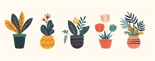Cute gardening, potted plants, floral icons, cute botanicals, flat design illustration