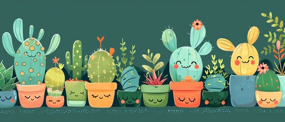 Cute succulents, kawaii plants, happy gardens, smiling trees, cartoon flowers, flat design illustration