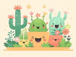 Fototapeta premium Happy gardens, cute succulents, kawaii plants, smiling trees, cartoon flowers, flat design illustration