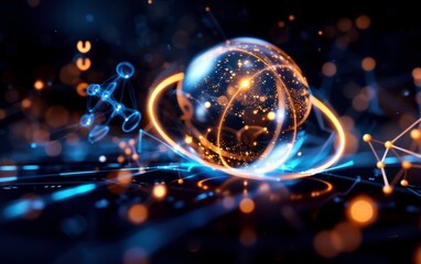 Closeup of quantum particles, highresolution, sustainability symbols and statistical graphs in the background, photorealistic, detailed and vibrant