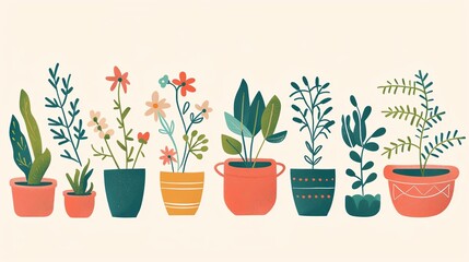 Cute botanicals, cute gardening, potted plants, floral icons, flat design illustration