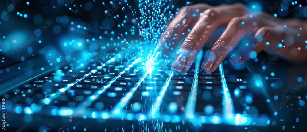 Poster highquality closeup of a hand typing on a keyboard, highresolution, startup workspace, it gadgets an
