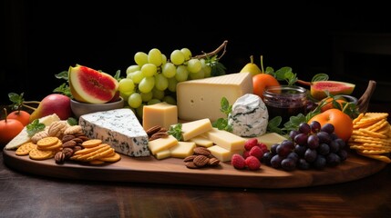 Artisanal cheese board with an assortment of cheeses and fruits