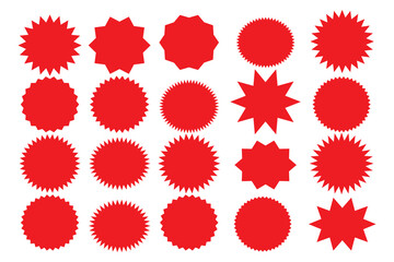Set of black price sticker, sale or discount sticker, sunburst badges icon. Stars shape with different number of rays. Special offer price tag. Red starburst promotional badge set, shopping labels