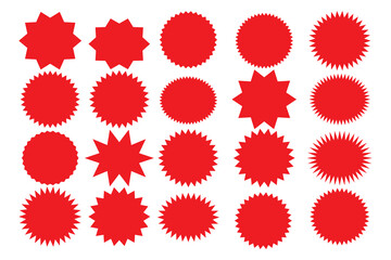 Set of black price sticker, sale or discount sticker, sunburst badges icon. Stars shape with different number of rays. Special offer price tag. Red starburst promotional badge set, shopping labels