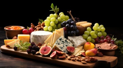 Artisanal cheese board with an assortment of cheeses and fruits