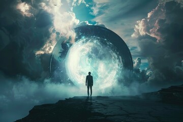 Fototapeta premium Man in front of giant moon