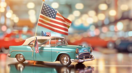 3D funny vintage car holding an American flag on a blurred car show background for Labor Day, appreciating car enthusiasts