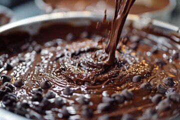 Brownie batter being poured into a baking pan.