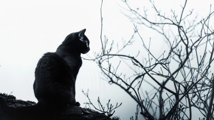 Black Cat Silhouette Against Bare Branches in Foggy Winter.