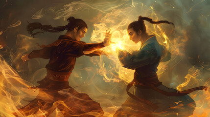 Two ninjas who have different powers fighting with each other.